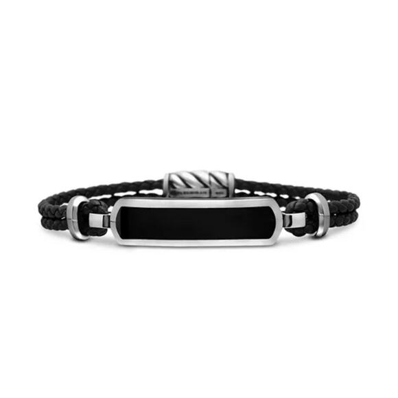 David Yurman Sterling Silver .925 Onyx Stone Bar Station Leather Bracelet L $595 - Picture 1 of 8